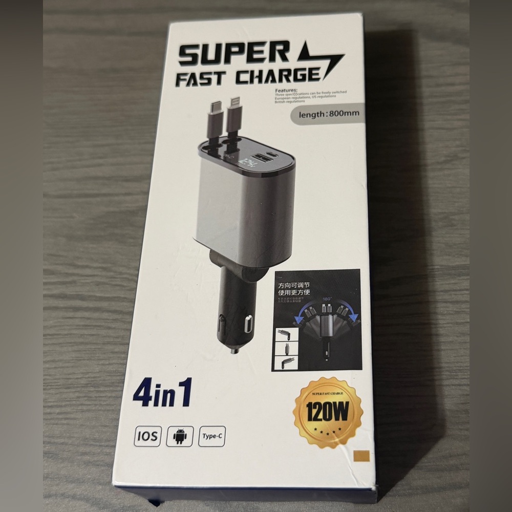 4-in-1 Fast Charge Car Charger - Black Retractable